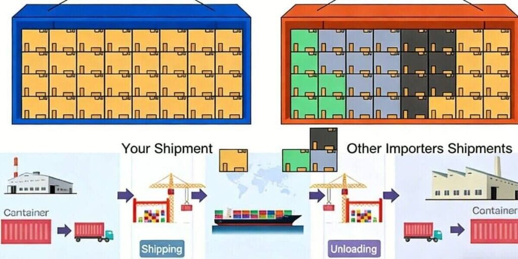 Diagram showing ocean, air, and land/rail transport options for FCL export shipments