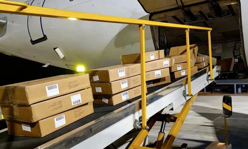 Cargo lined up for airplane loading