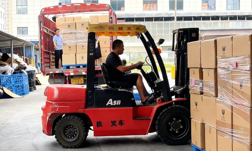 Forklift working with cargo container