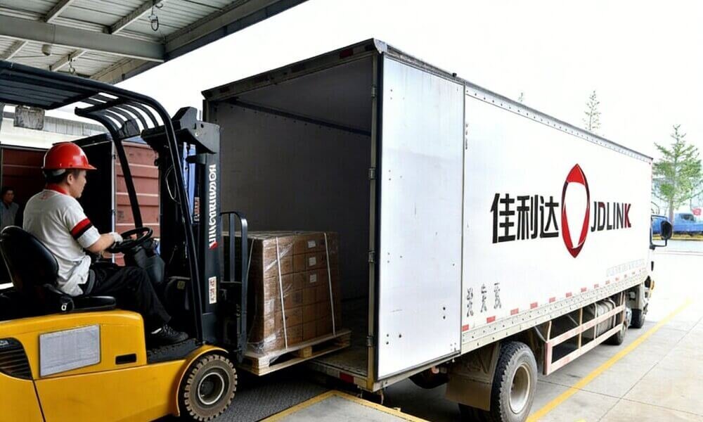 Forklift loading cargo into container
