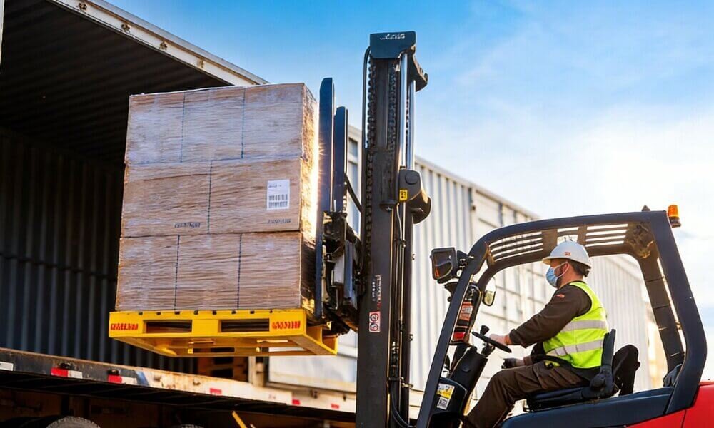 Forklift preparing cargo for transport