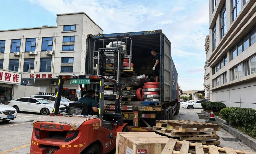 International cargo container being prepared
